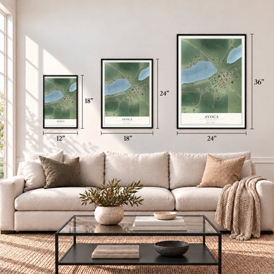 Avoca, Minnesota map in 12 x 18, 18 x 24 and 24 x 36 inch sizes above a sofa