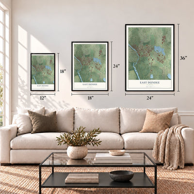 East Dundee, Illinois map in 12 x 18, 18 x 24 and 24 x 36 inch sizes above a sofa
