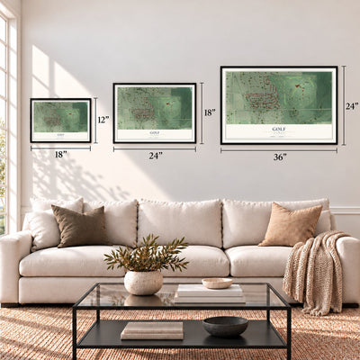 Golf, Illinois map in 12 x 18, 18 x 24 and 24 x 36 inch sizes above a sofa