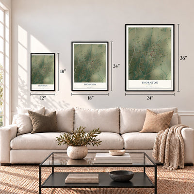 Thornton, Texas map in 12 x 18, 18 x 24 and 24 x 36 inch sizes above a sofa