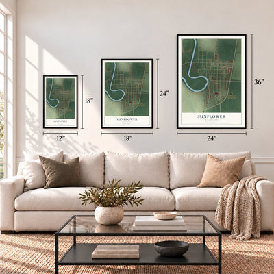 Sunflower, Mississippi map in 12 x 18, 18 x 24 and 24 x 36 inch sizes above a sofa
