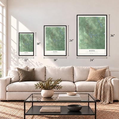 Hayes, Clare County, Michigan map in 12 x 18, 18 x 24 and 24 x 36 inch sizes above a sofa