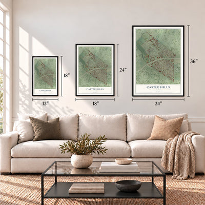 Castle Hills, Texas map in 12 x 18, 18 x 24 and 24 x 36 inch sizes above a sofa