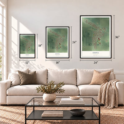 Eyota, Minnesota map in 12 x 18, 18 x 24 and 24 x 36 inch sizes above a sofa