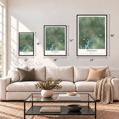 Springhill, Louisiana map in 12 x 18, 18 x 24 and 24 x 36 inch sizes above a sofa