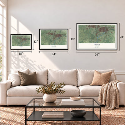 Joliet, Illinois map in 12 x 18, 18 x 24 and 24 x 36 inch sizes above a sofa