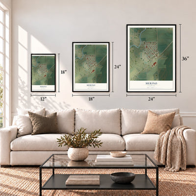 Merino, Colorado map in 12 x 18, 18 x 24 and 24 x 36 inch sizes above a sofa