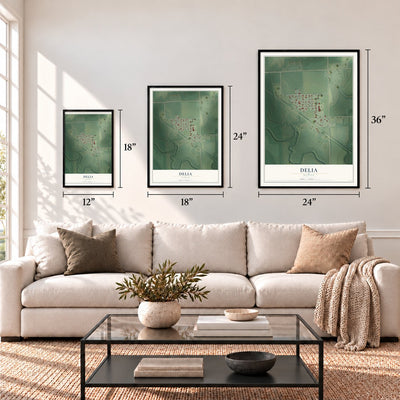 Delia, Kansas map in 12 x 18, 18 x 24 and 24 x 36 inch sizes above a sofa