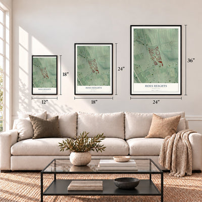 Hoes Heights, Maryland map in 12 x 18, 18 x 24 and 24 x 36 inch sizes above a sofa