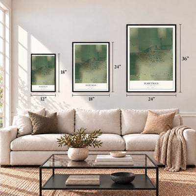 Hartman, Colorado map in 12 x 18, 18 x 24 and 24 x 36 inch sizes above a sofa