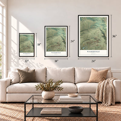 Walkerville, Montana map in 12 x 18, 18 x 24 and 24 x 36 inch sizes above a sofa