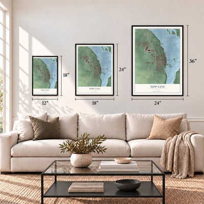 Tipp City, Ohio map in 12 x 18, 18 x 24 and 24 x 36 inch sizes above a sofa