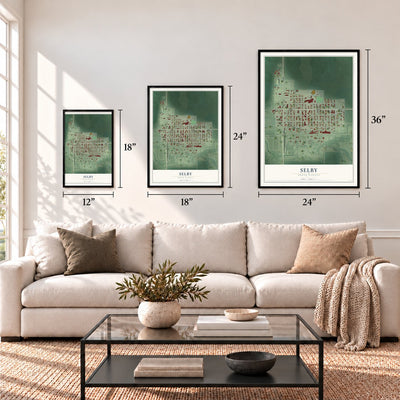 Selby, South Dakota map in 12 x 18, 18 x 24 and 24 x 36 inch sizes above a sofa