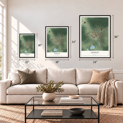 Herman, Minnesota map in 12 x 18, 18 x 24 and 24 x 36 inch sizes above a sofa