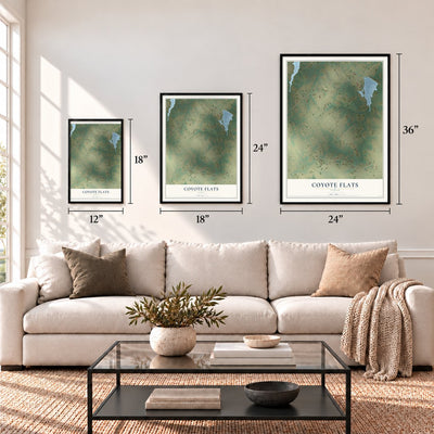 Coyote Flats, Texas map in 12 x 18, 18 x 24 and 24 x 36 inch sizes above a sofa