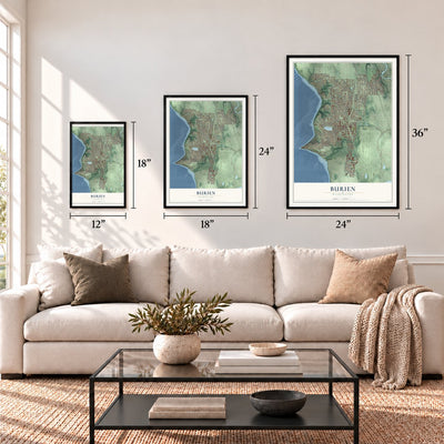 Burien, Washington map in 12 x 18, 18 x 24 and 24 x 36 inch sizes above a sofa