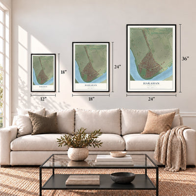 Harahan, Louisiana map in 12 x 18, 18 x 24 and 24 x 36 inch sizes above a sofa