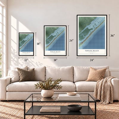 Topsail Beach, North Carolina map in 12 x 18, 18 x 24 and 24 x 36 inch sizes above a sofa