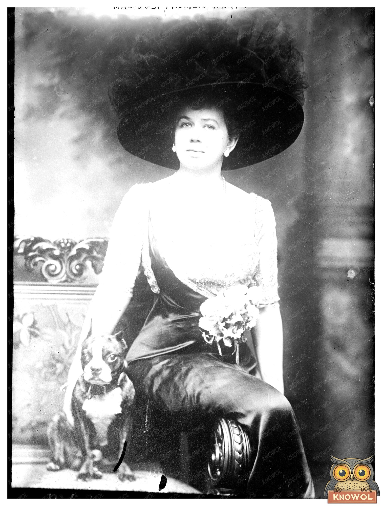 Elegant Woman Posed with Loyal Dog in Vintage Setting