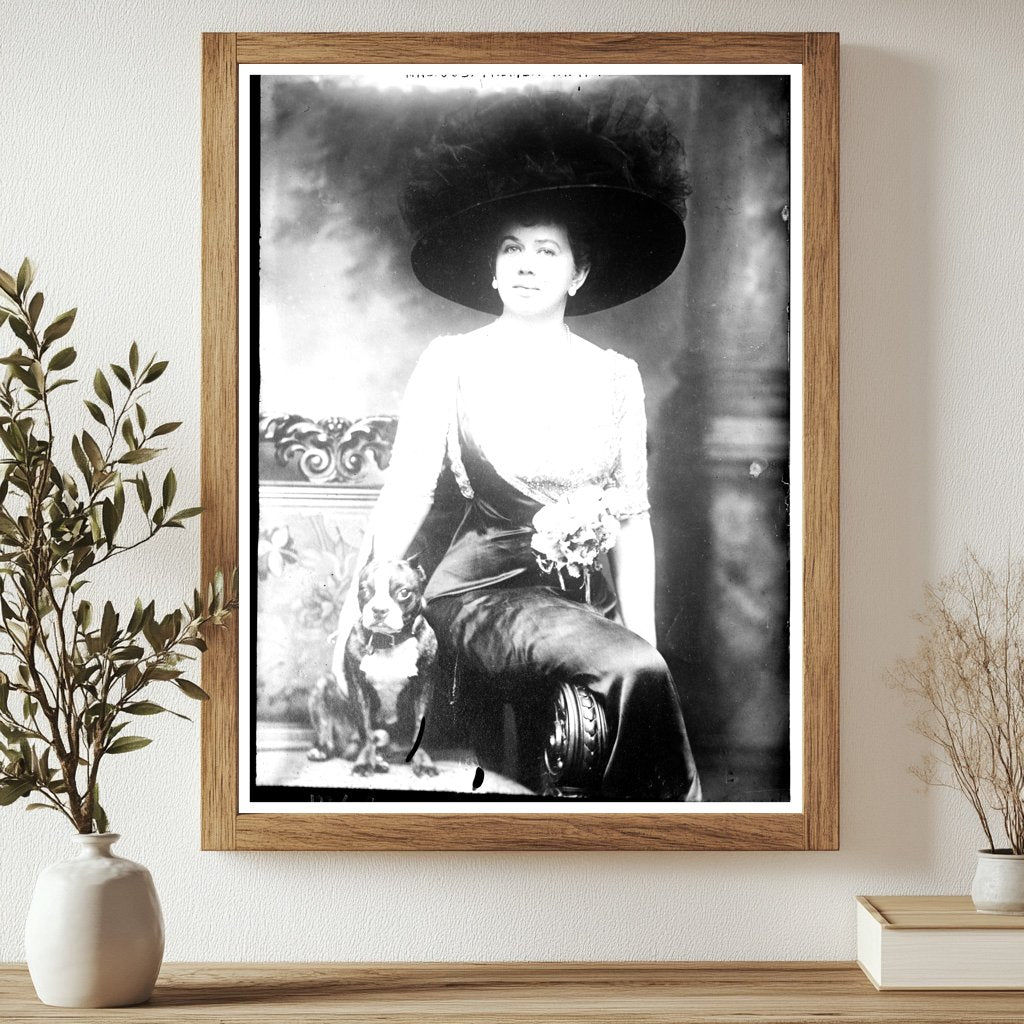 Elegant Woman Posed with Loyal Dog in Vintage Setting