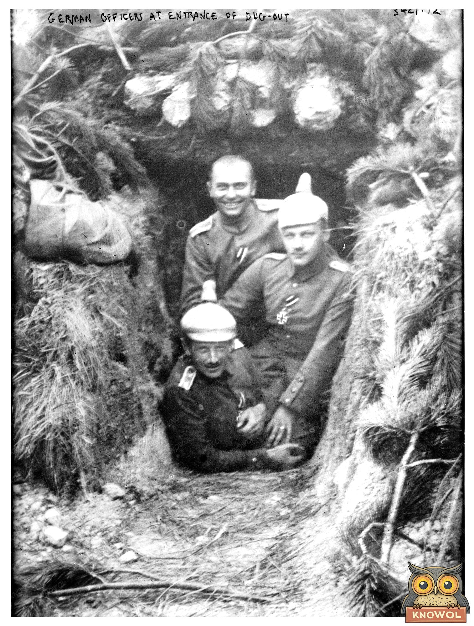 Historic German Officers at entrance of dugout Print, Vintage Art