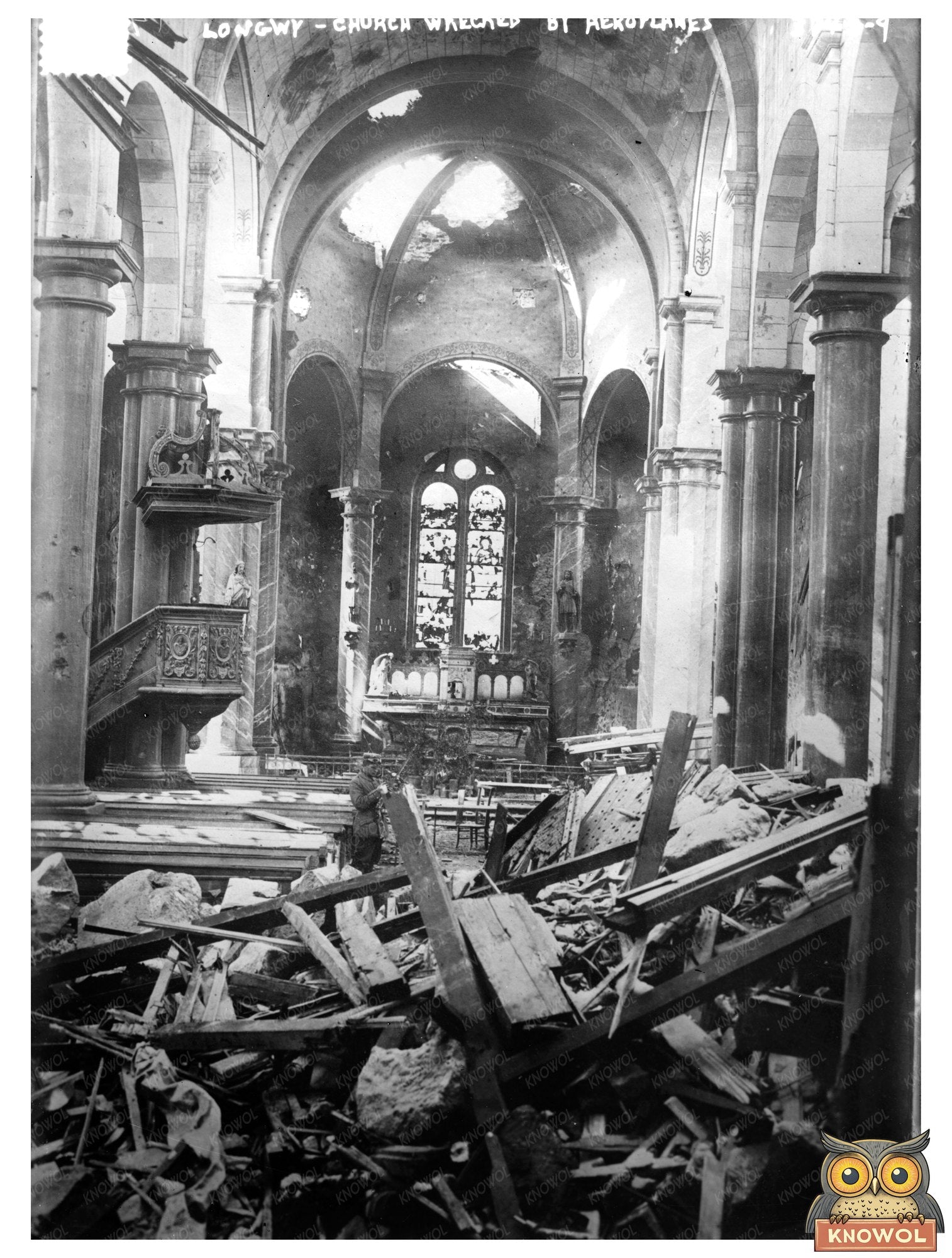 Historic Longwy -- Church wrecked by aeroplanes Print, Vintage Art
