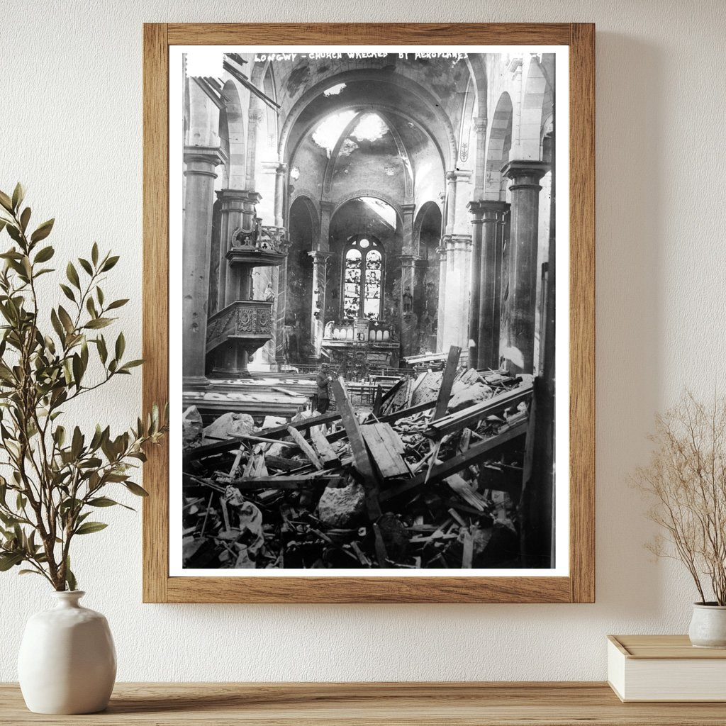 Historic Longwy -- Church wrecked by aeroplanes Print, Vintage Art