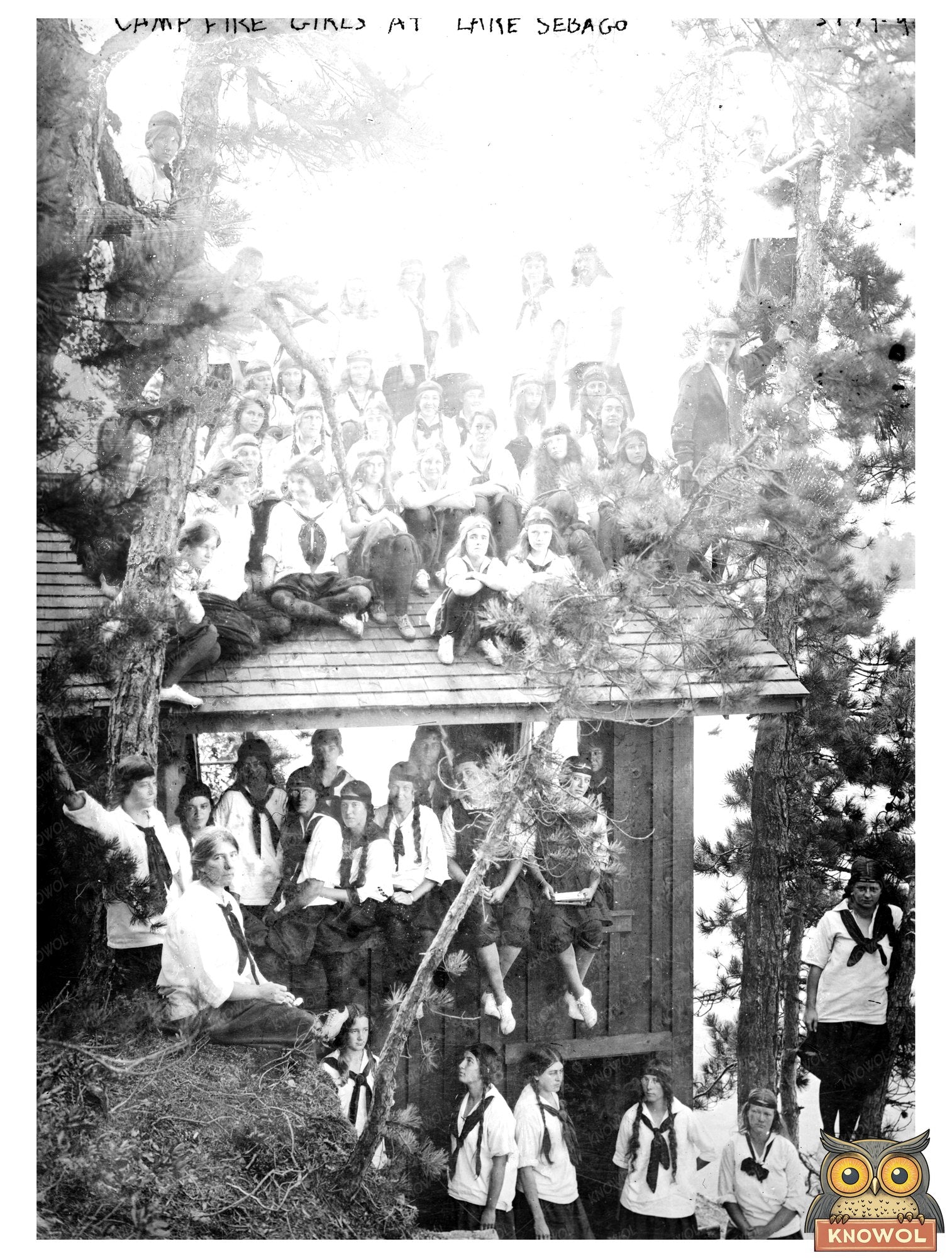Historic Camp Fire girls at Lake Sebago Print, Vintage Art