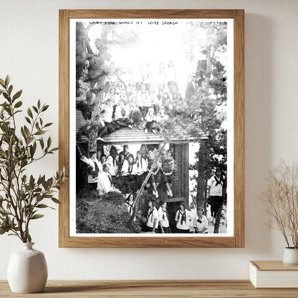 Historic Camp Fire girls at Lake Sebago Print, Vintage Art