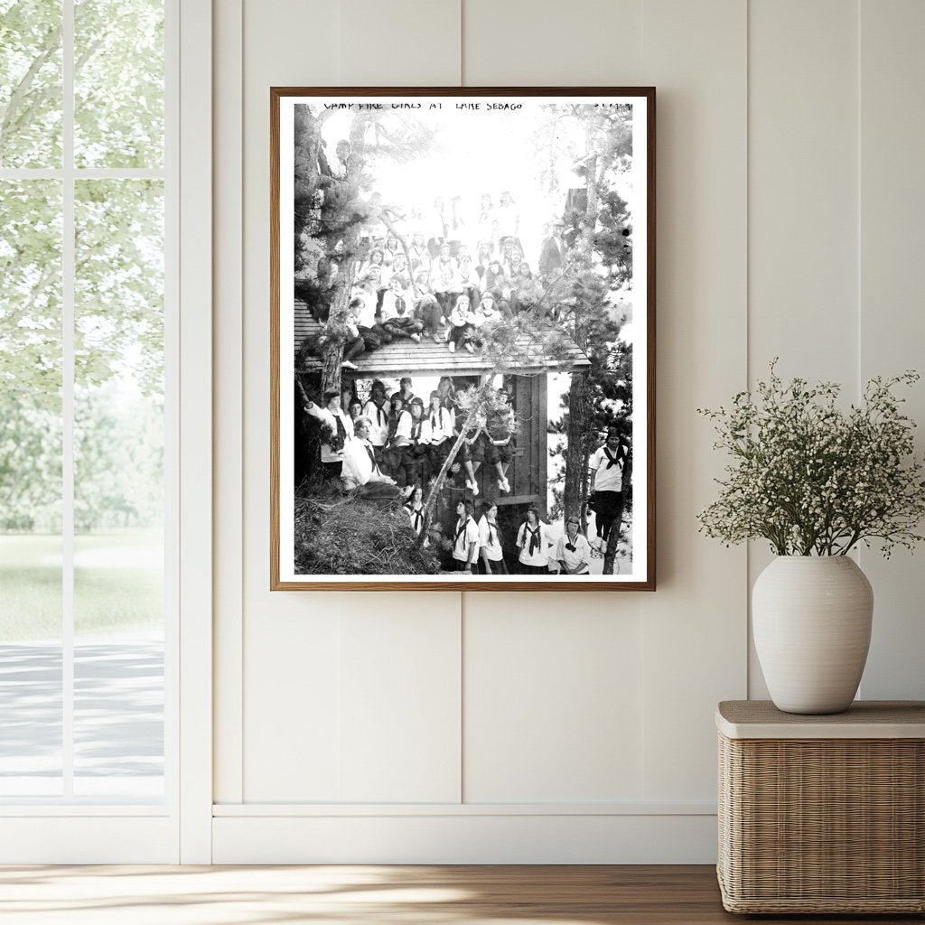 Historic Camp Fire girls at Lake Sebago Print, Vintage Art