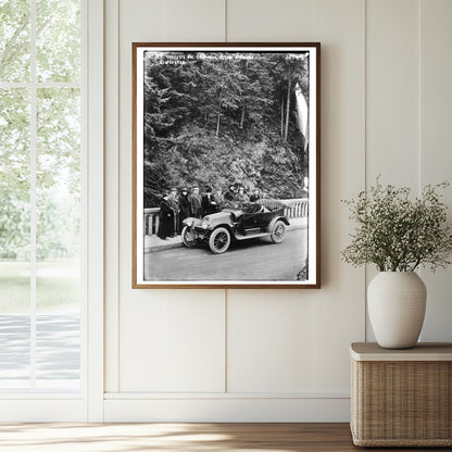 Historic N.Y. tourists on Columbia River Highway Print, Vintage Art