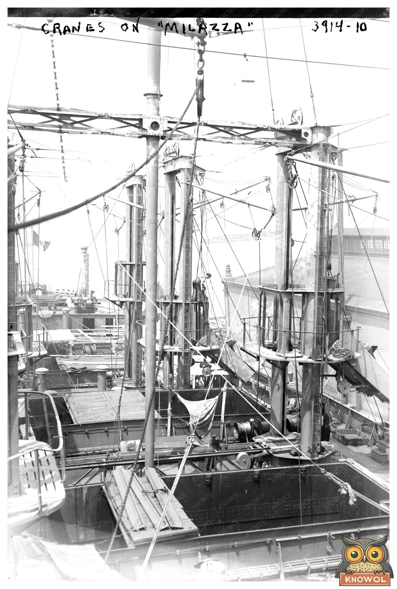 1916 Industrial Cranes in Milazzo Harbor Scene