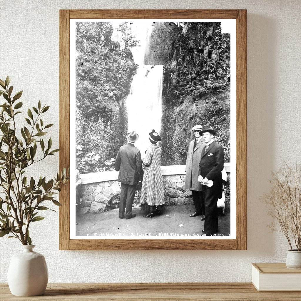 Historic C.E. Hughes & wife, Multhomah [Multnomah] Falls Print, Vintage Art