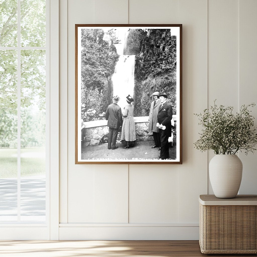 Historic C.E. Hughes & wife, Multhomah [Multnomah] Falls Print, Vintage Art