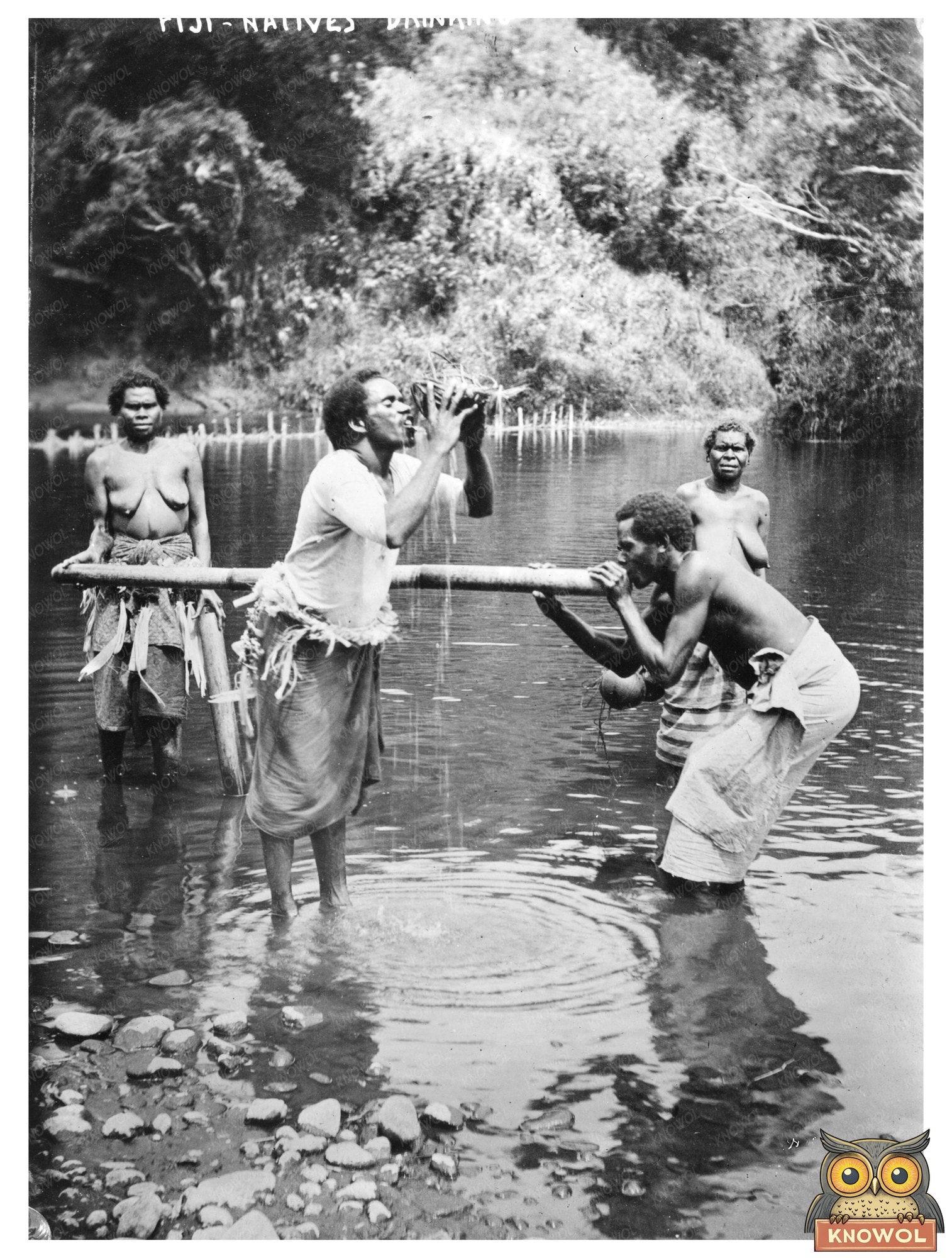 Historic Fiji natives drinking Print, Vintage Art
