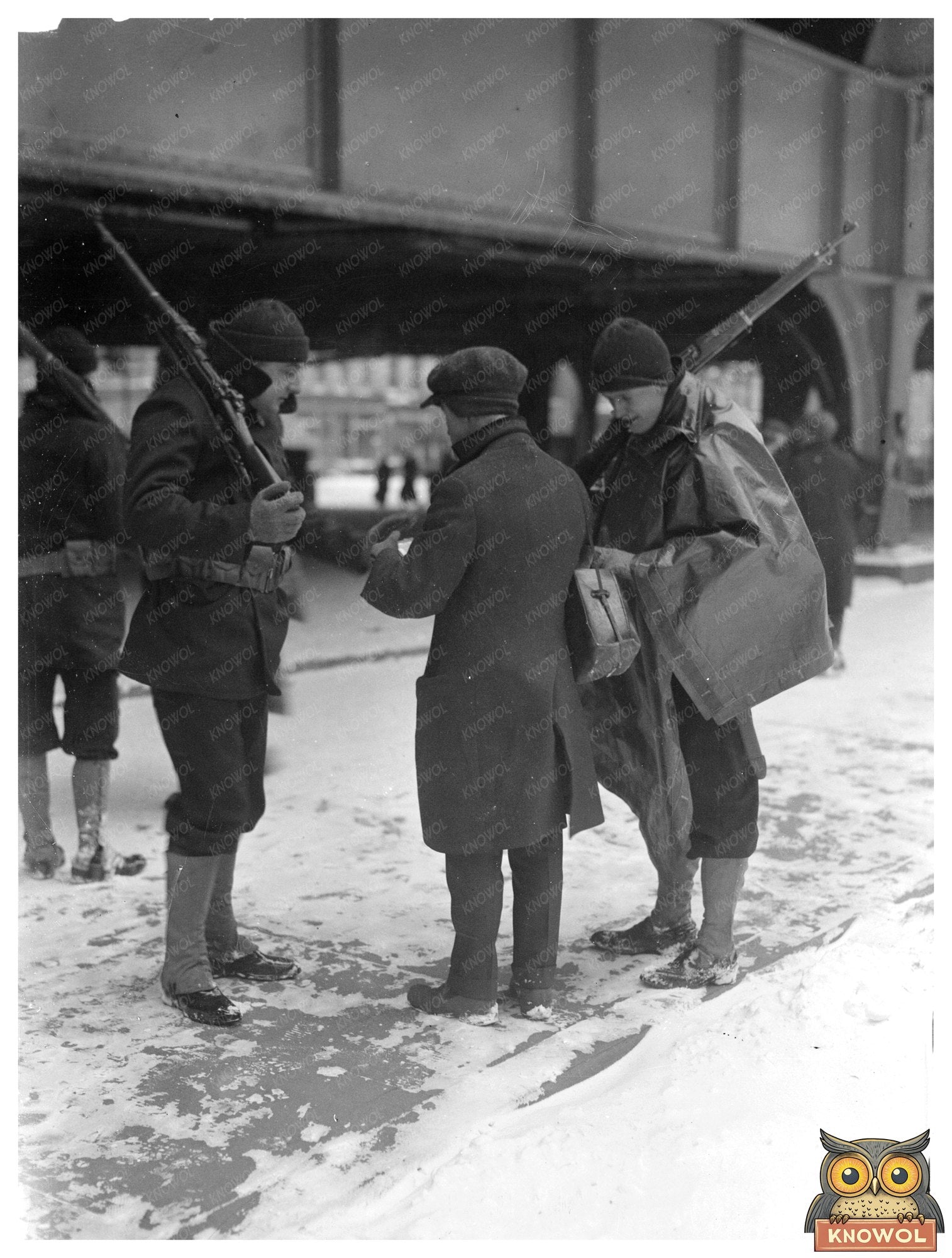 Historic Searching a suspect at bridge Print, Vintage Art
