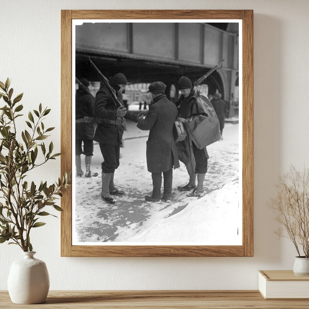 Historic Searching a suspect at bridge Print, Vintage Art