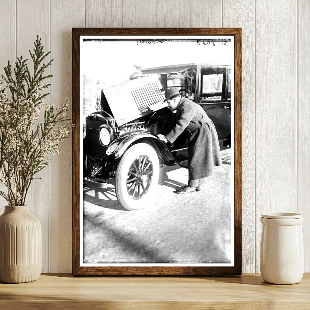 1920s Snapshot: Enthusiast Examines Vintage Auto Engine