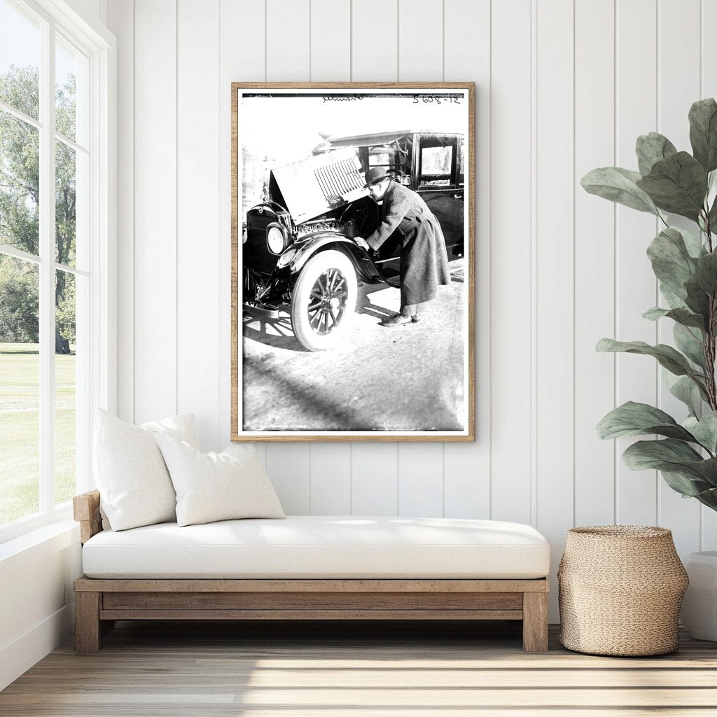 1920s Snapshot: Enthusiast Examines Vintage Auto Engine