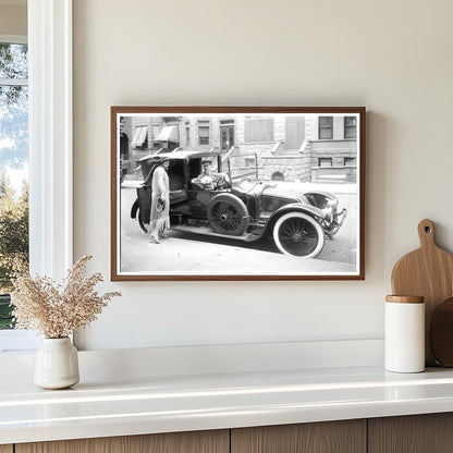 Vintage Elegance: Socialite Enters Chauffeur-Driven Car