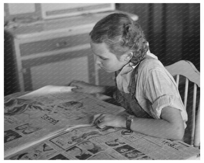 Young Girl Reading Sunday Newspaper on Iowa Farm 1936