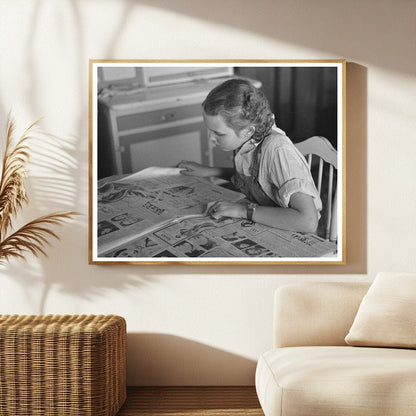 Young Girl Reading Sunday Newspaper on Iowa Farm 1936