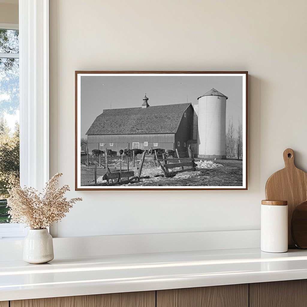 Farmyard Scene with Silo Barn and Cattle December 1936