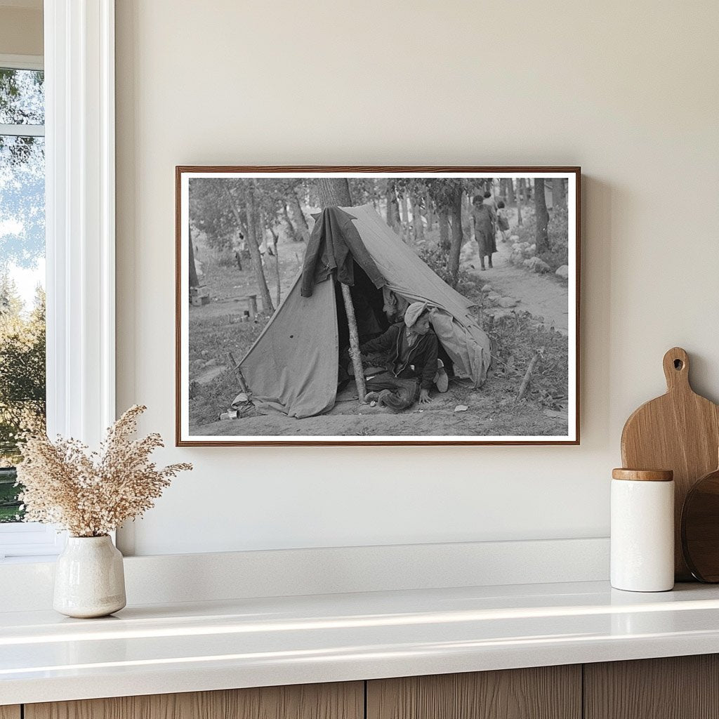 Indigenous Boy by Tent Little Fork Minnesota 1937