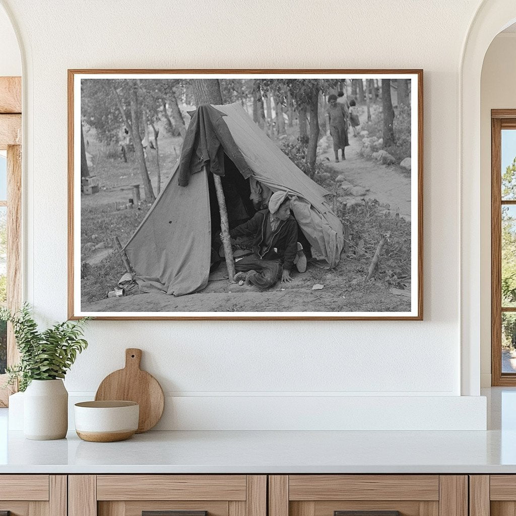 Indigenous Boy by Tent Little Fork Minnesota 1937