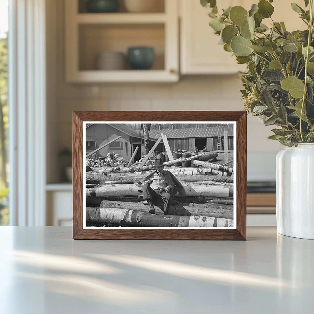 Lumberjack Resting on Logs Effie Minnesota 1937