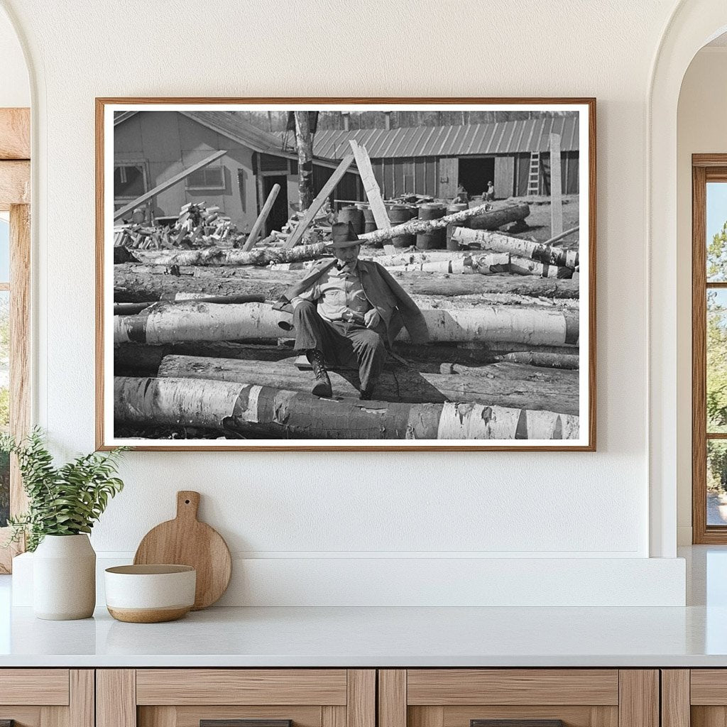 Lumberjack Resting on Logs Effie Minnesota 1937