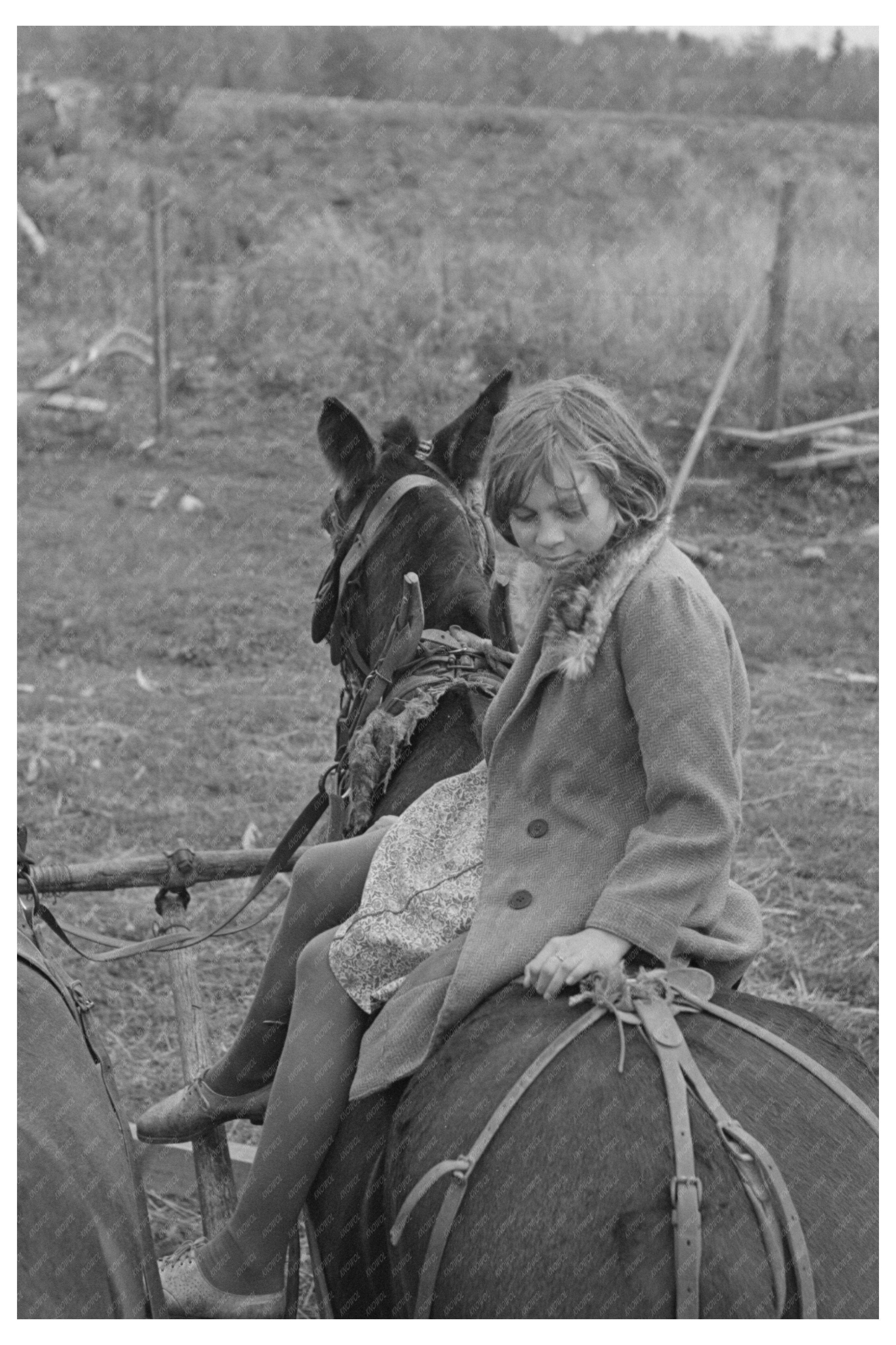 Girl Riding Mule on Farm in Northome Minnesota 1937