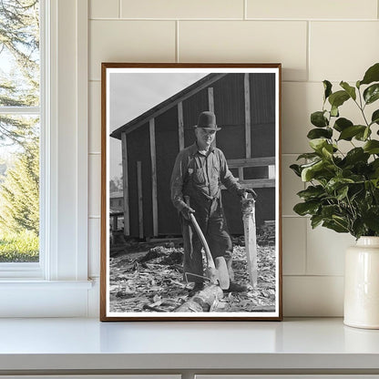 Lumberjack Shaping Stake with Broadaxe Effie Minnesota 1937