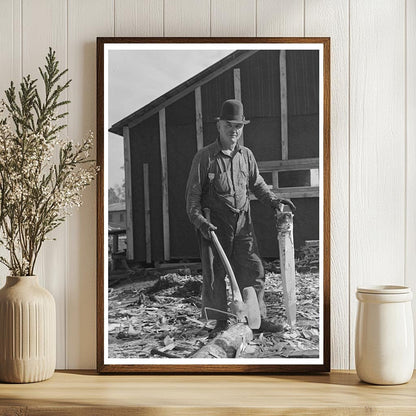 Lumberjack Shaping Stake with Broadaxe Effie Minnesota 1937